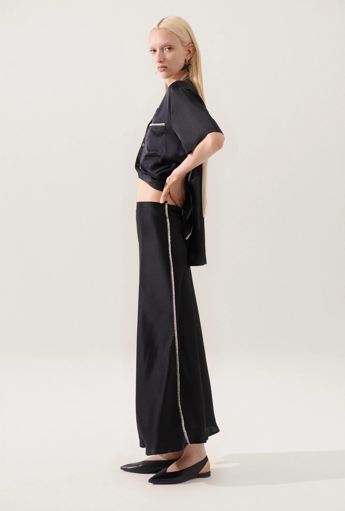 Long Bias Cut Skirt Blanket Stitch Black - Image 3